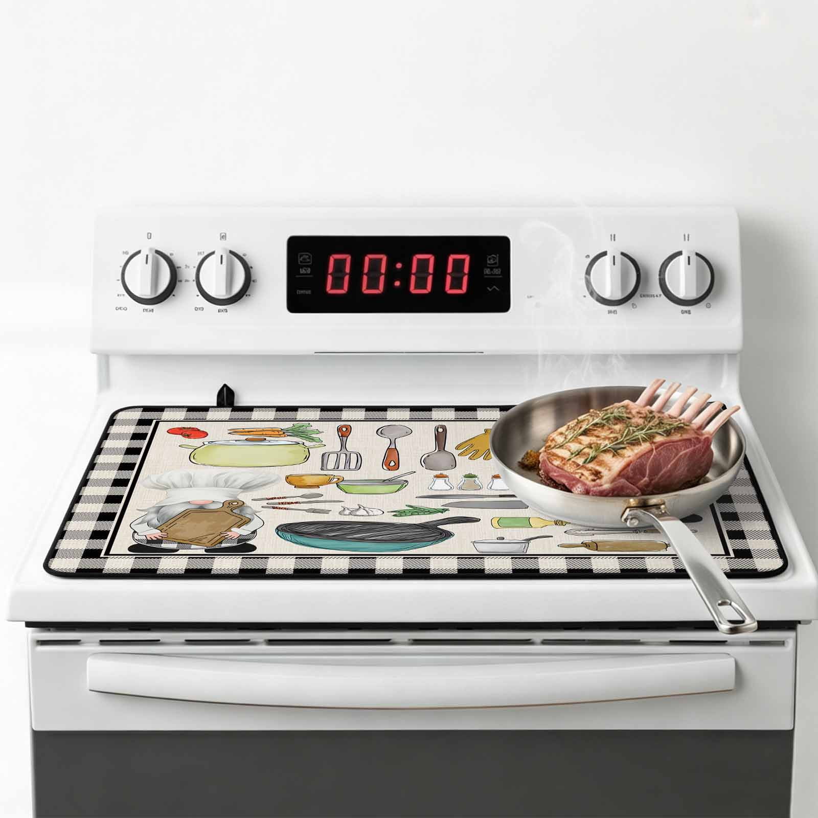 Kitchenware Gnomes Stove Top Cover for Electric Stove, Heat-proof & Non Slip Glass Top Stove Cover Protector, Kitchen Cooking Tool Retro Plaid Kitchen Flat Cooktop Rubber Mat 24x21 Inches