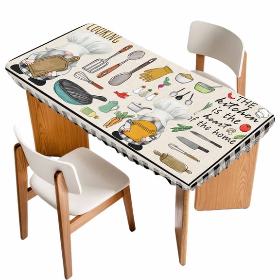 Kitchenware Gnomes Table Cloths for 5 Foot Rectangle Tables, Kitchen Cooking Tool Retro Plaid Patio Waterproof Elastic Fitted Tablecloths, Washable Rectangular Table Cover for Camping