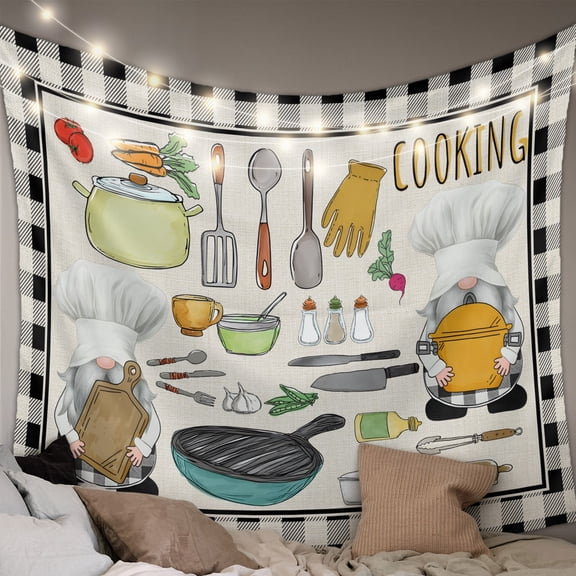 Kitchenware Gnomes Tapestry for Bedroom Wall Hanging Tapestry, Kitchen Cooking Tool Retro Plaid Ceiling Backdrop Tapestries Poster Blanket Wall Decor for Teens Room Living Room Dorm 39" x 59"