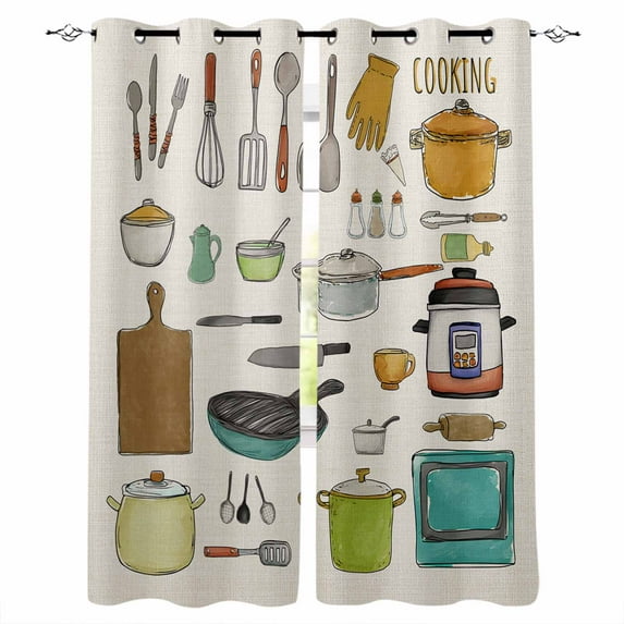 Kitchenware Kitchen Curtains Vintage Kitchen Cooking Tool Retro Beige Cafe Short Curtains for Bathroom Blackout Window Curtain Grommet Small Window Treatment Drapes for Bedroom Living Room 42"x45"x2