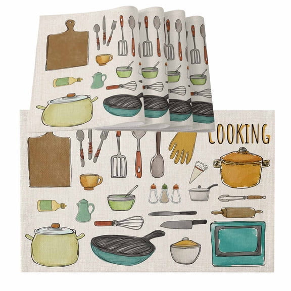Kitchenware Placemats for Dinning Table Set of 4, Vintage Kitchen Cooking Tool Retro Beige Burlap Kitchen Place Mats Waterproof Cloth Table Mats, Indoor Outdoor Placemats Easy Clean Dinner Decor