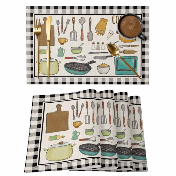 Kitchenware Placemats Set of 4, Vintage Kitchen Cooking Tool White Black Checkered Placemats for Dining Table, Place Mats for Kitchen Tabletop, Waterproof Wipeable Dining Table Mats Set