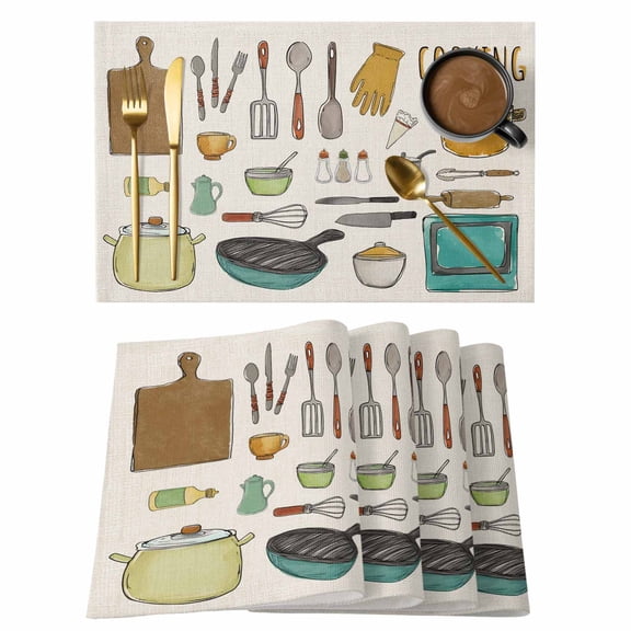 Kitchenware Placemats Set of 8, Cotton Linen Fabric Place Mats, Vintage Kitchen Cooking Tool Retro Beige Washable Decorative Table Mats Protector for Home Kitchen Dining Wedding Party Coffee Tables