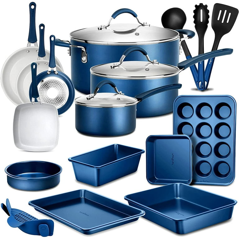 Serenelife 15 Piece Pots and Pans Non Stick Kitchenware Cookware Set, Blue