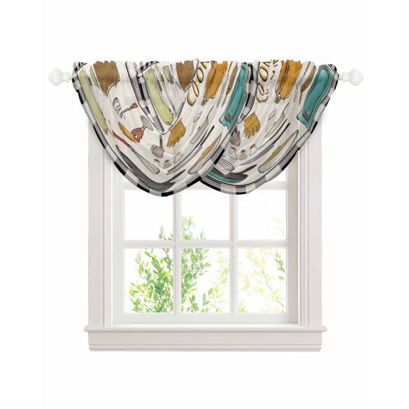 Kitchenware Sheer Waterfall Valance Curtains for Window, Vintage Kitchen Cooking Tool White Black Checkered Rod Pocket Sheer Topper Swag Curtains for Living Room, Kitchen 38.5"W x 47.2"L, 2 Panels