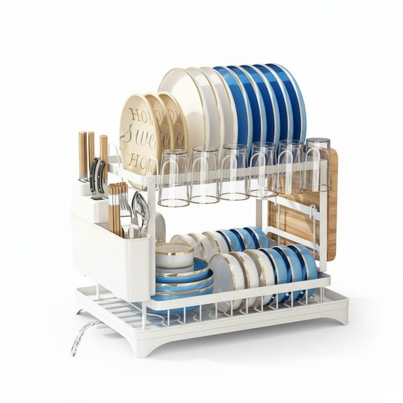 Kitchenware Storage Organizer,Multifunctional Countertop Storage Rack with Knife Slots, Double-Layer Disc-Shaped Draining Rack
