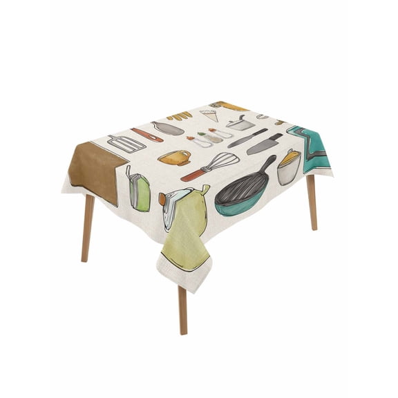 Kitchenware Table Cloth, Vintage Kitchen Cooking Tool Retro Beige Waterproof Tablecloth for Rectangle Tables, Reusable Washable Fabric Table Cover for Restaurant Kitchen Dining Tables 60"x102"