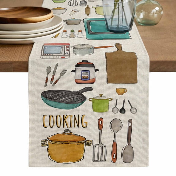 Kitchenware Table Runner, Vintage Kitchen Cooking Tool Retro Beige Washable Cotton Linen Table Runners 36 Inches Long, Dresser Scarf Runner for Nightstand/End Tables/Round Tables 13''x36''