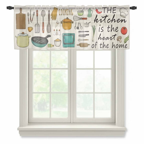 Kitchenware Valance Curtains for Kitchen/Living Room/Bathroom/Bedroom Window, Rod Pocket Small Topper Half Short Window Curtains Voile Sheer Scarf, Vintage Kitchen Cooking Tool Retro Beige 42"x12"