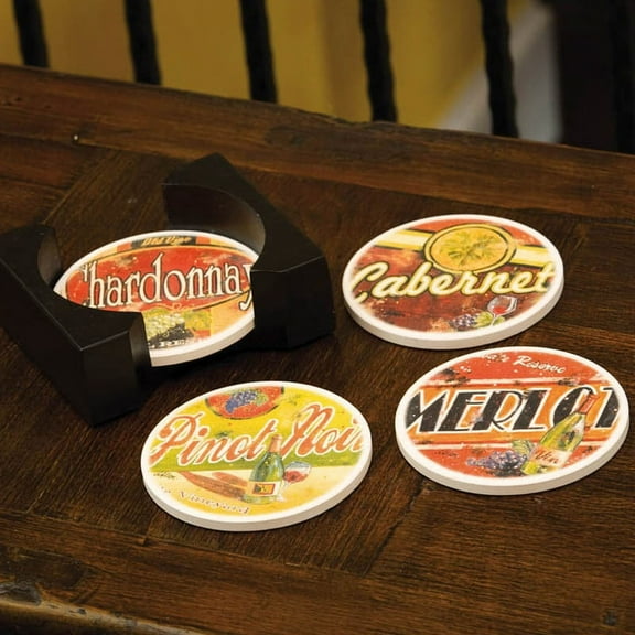 Kitchenware, Wine About It,Absorbent Coaster Set with Caddy,Ceramic and Wood,5x4.25x1.75 Inches,Set of 4