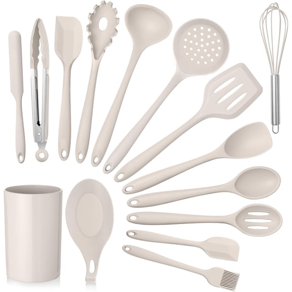 Kitchn Utnsils St, 15-Pic Silicon Cooking Utnsils with Holdr, Non-stick Cookwar Frindly & Hat Rsistant, Includs Ladl Spatula Spoon Slottd Turnr for Cooking & Baking (Khaki)