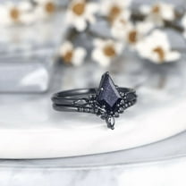 Kite Cut Blue Sandstone Engagement Ring Set - Bridal Wedding Ring Set - Anniversary Ring For Her