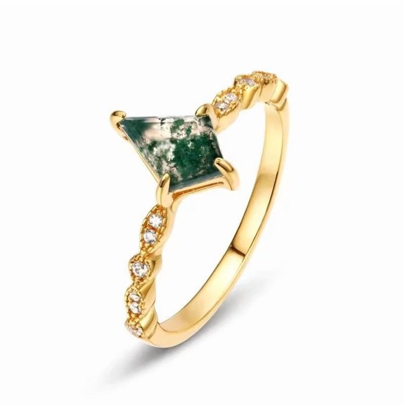 Kite Cut Lab Created Moss Agate & Diamond Milgrain Engagement Ring in 925 Sterling Silver – A Unique Symbol of Love
