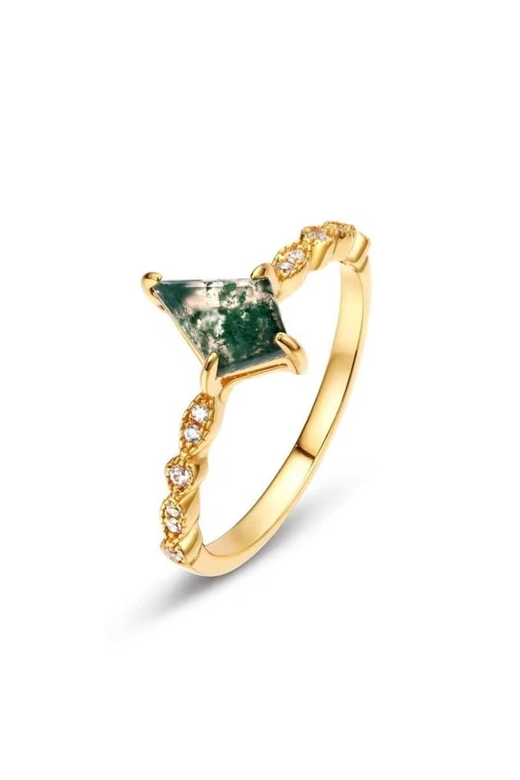 Kite Cut Lab Created Moss Agate & Diamond Milgrain Engagement Ring in 925 Sterling Silver – A Unique Symbol of Love