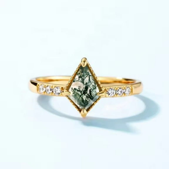 Kite Cut Lab Created Moss Agate & Diamond Milgrain Engagement Ring in 925 Sterling Silver for Women – Elegant and Unique Bridal Jewelry