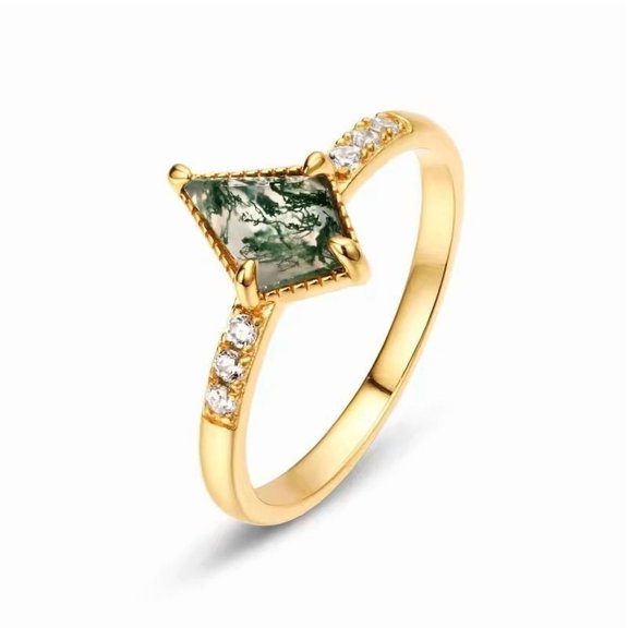 Kite Cut Lab Created Moss Agate & Diamond Milgrain Engagement Ring in 925 Sterling Silver for Women – Elegant and Unique Bridal Jewelry
