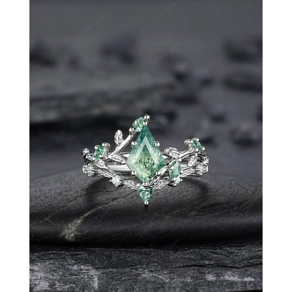 Kite Cut Moss Agate Leaf Engagement Ring Set, 14K White Gold Twig Branch Promise Wedding Ring, Silver 925 Vine Bridal Set For Women