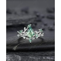 Kite Cut Moss Agate Leaf Engagement Ring Set, 14K White Gold Twig Branch Promise Wedding Ring, Silver 925 Vine Bridal Set For Women
