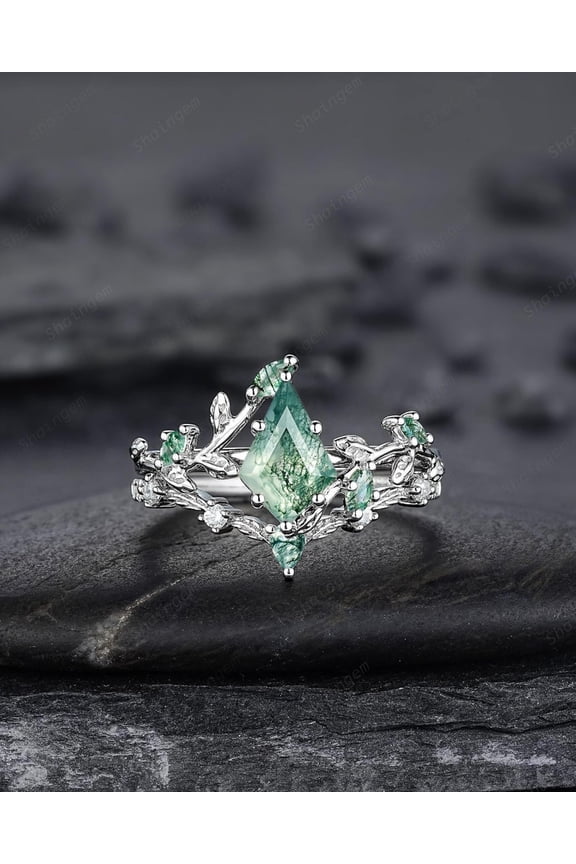 Kite Cut Moss Agate Leaf Engagement Ring Set, 14K White Gold Twig Branch Promise Wedding Ring, Silver 925 Vine Bridal Set For Women