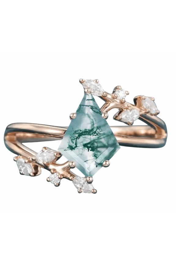 Kite-Cut Natural Moss Agate & Lab-Created Moissanite Engagement Ring in 925 Sterling Silver for Women – Elegant, Unique, and Nature-Inspired Jewelry