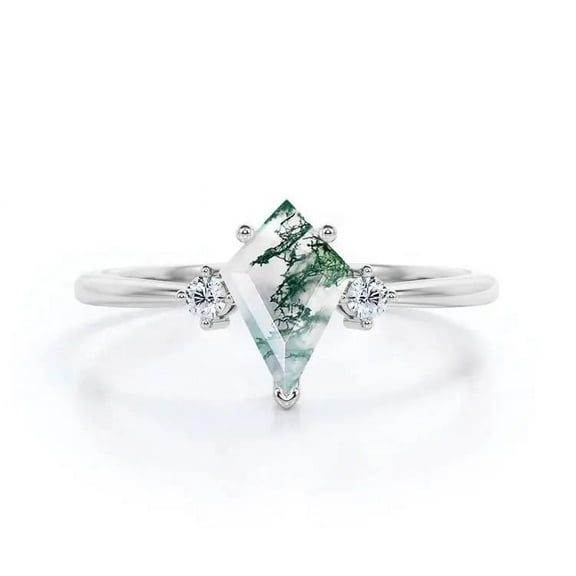 Kite-Cut Natural Moss Agate & Lab-Created Moissanite Solitaire Engagement Ring in 925 Sterling Silver – Unique, Elegant, and Timeless Jewelry for Women