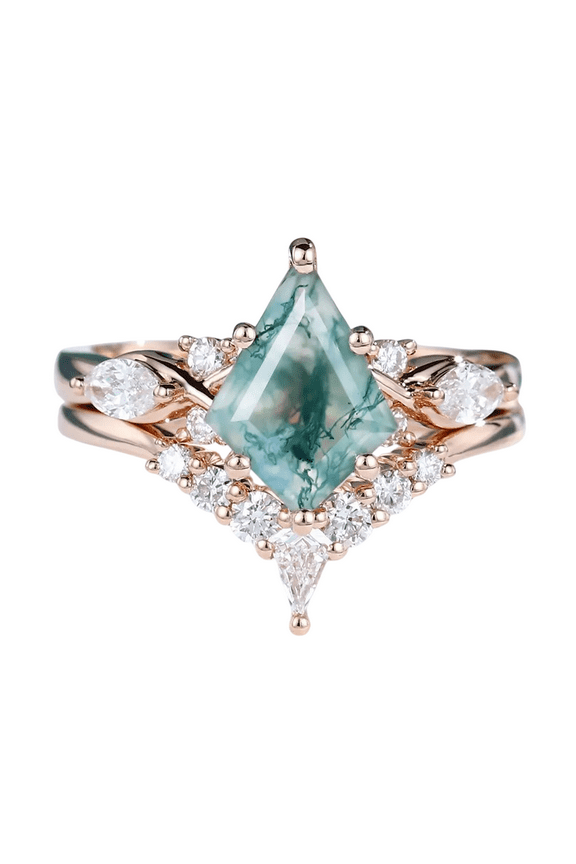 Kite-Cut Natural Moss Agate & Lab-Created Moissanite Wedding Band with Bridal Engagement Ring Set in 925 Sterling Silver for Women – Elegant, Unique, and Timeless