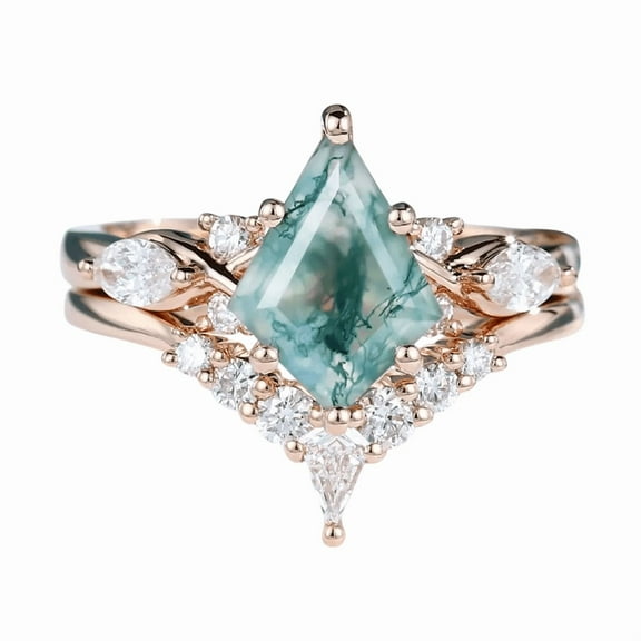 Kite-Cut Natural Moss Agate & Lab-Created Moissanite Wedding Band with Bridal Engagement Ring Set in 925 Sterling Silver for Women – Elegant, Unique, and Timeless