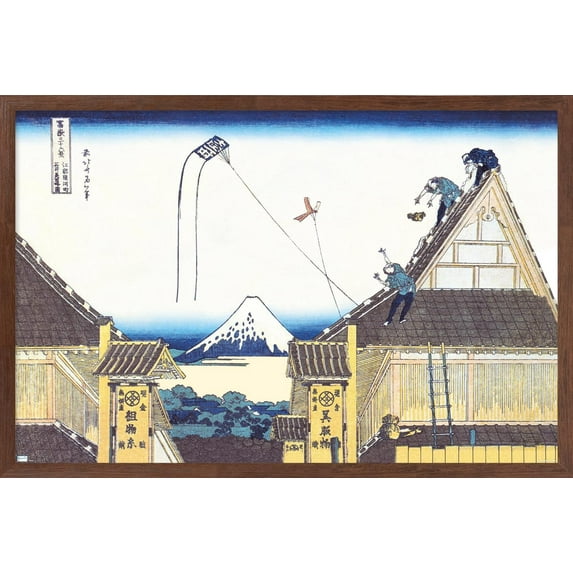 Kite Flying from Rooftop by Katushika Hokusai Wall Poster, 14.725" x 22.375" Framed