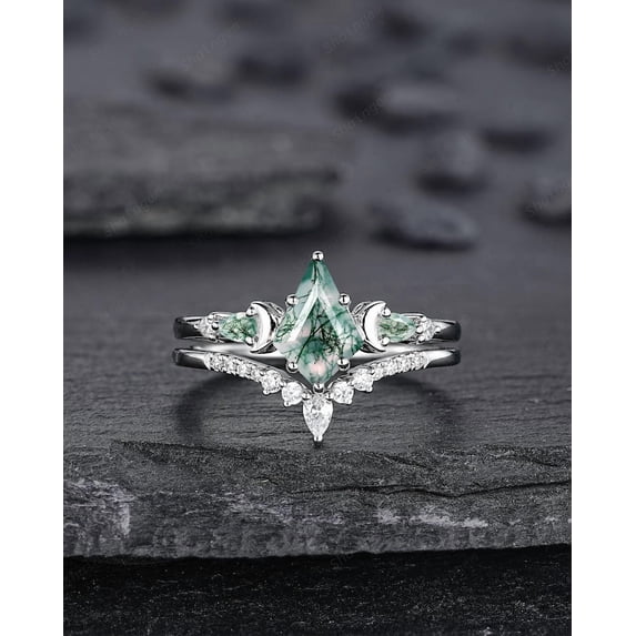 Kite Shape Moss Agate Crescent Engagement Ring Set, Nature Inspired Sterling Silver Moon Wedding Promise Ring Anniversary Gift for Women