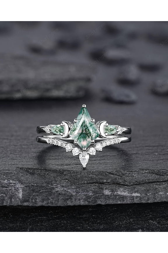 Kite Shape Moss Agate Crescent Engagement Ring Set, Nature Inspired Sterling Silver Moon Wedding Promise Ring Anniversary Gift for Women