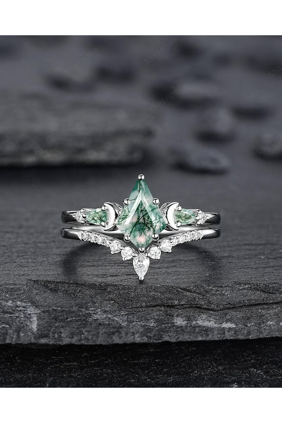 Kite Shape Moss Agate Crescent Engagement Ring Set, Nature Inspired Sterling Silver Moon Wedding Promise Ring Anniversary Gift for Women