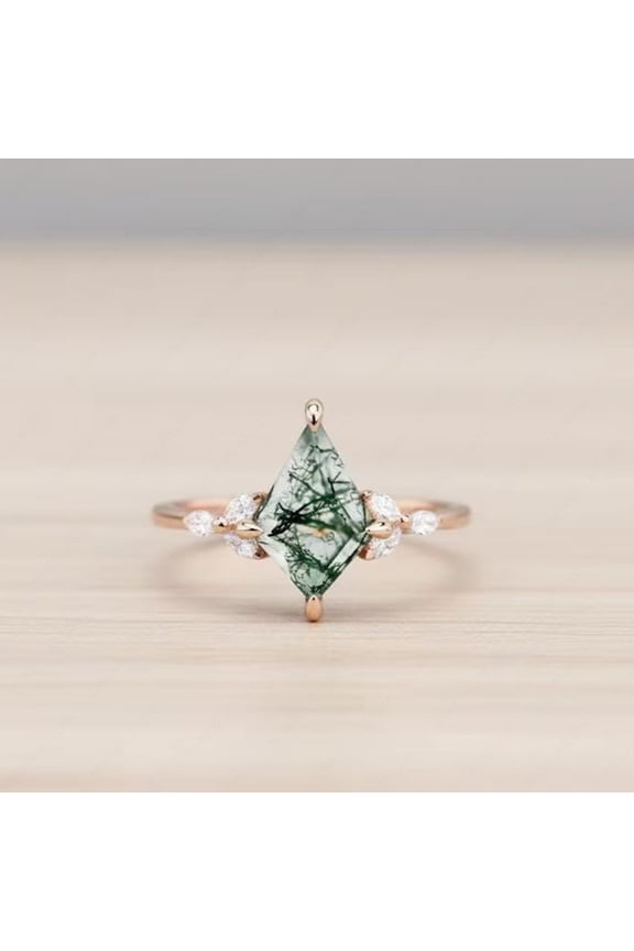 Kite Shape Moss Agate & Diamond Engagement Ring, Marquise Cut Diamond Wedding Ring, Stackable Anniversary Gift For Her, Minimalist Proposal Ring, Nature Inspired Ring, Junw Birthstone Ring