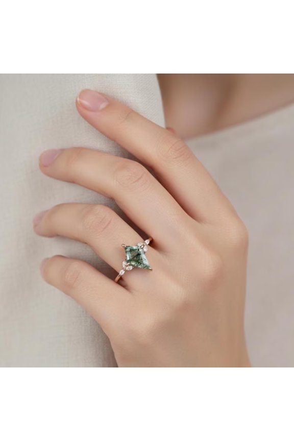 Kite Shape Moss Agate & Diamond Engagement Ring, Marquise Cut Diamond Wedding Ring, Stackable Anniversary Gift For Her, Minimalist Proposal Ring, Nature Inspired Ring, June Birthstone Ring
