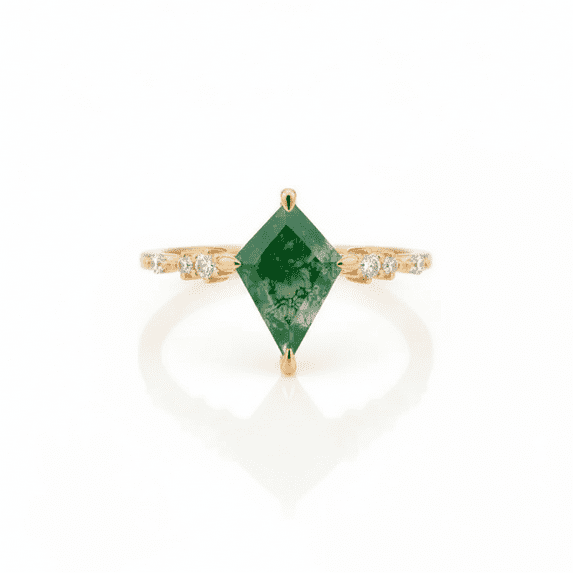 Kite Shape Moss Agate Engagement Ring, Diamond Wedding Ring, Moss Agate Anniversary Gift, Nature Inspired Proposal Ring, Promise Ring.