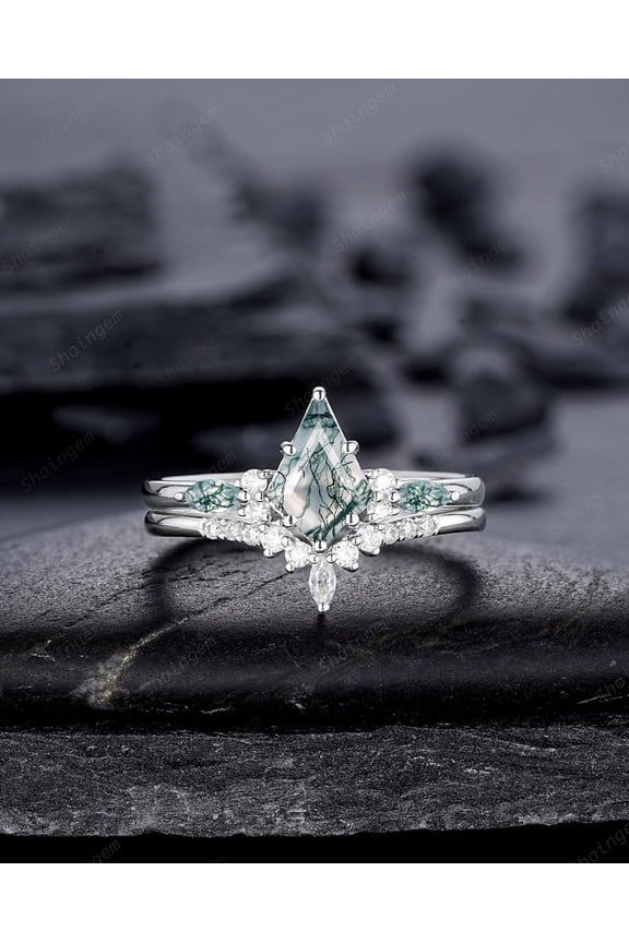 Kite Shape Moss Agate Engagement Ring Set, White Gold Sterling Silver 925 Green Moss Agate Promise Anniversary Ring Gift for Women