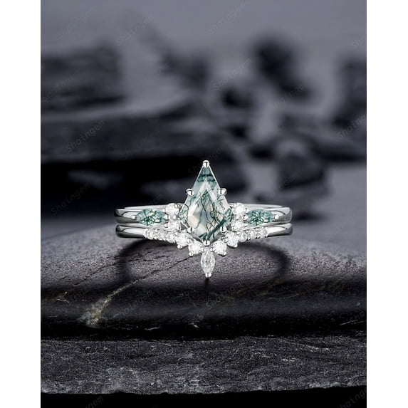 Kite Shape Moss Agate Engagement Ring Set, White Gold Sterling Silver 925 Green Moss Agate Promise Anniversary Ring Gift for Women