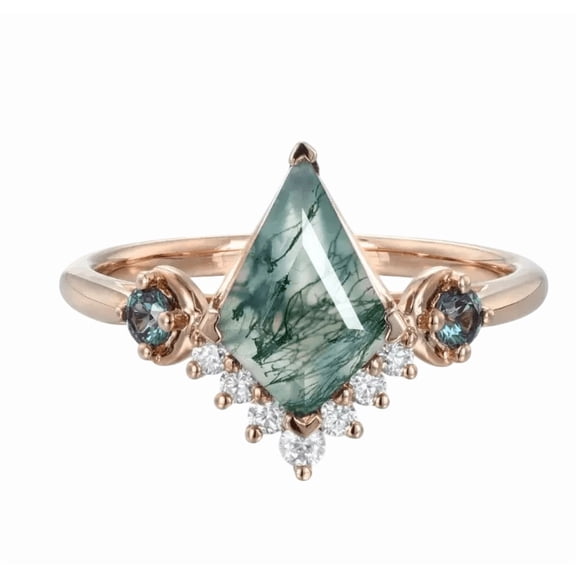 HASHTAG JEWEL Kite Shape Natural Moss Agate and Lab-Created Moissanite, Alexandrite Solitaire Ring in 925 Sterling Silver