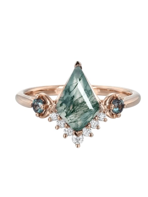 Kite Shape Natural Moss Agate and Lab-Created Moissanite, Alexandrite Solitaire Engagement Ring in 925 Sterling Silver for Women – Unique, Elegant, and Timeless