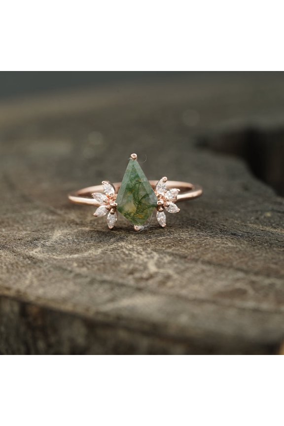 Kite Shaped Moss Agate Marquise Diamond Engagement Ring