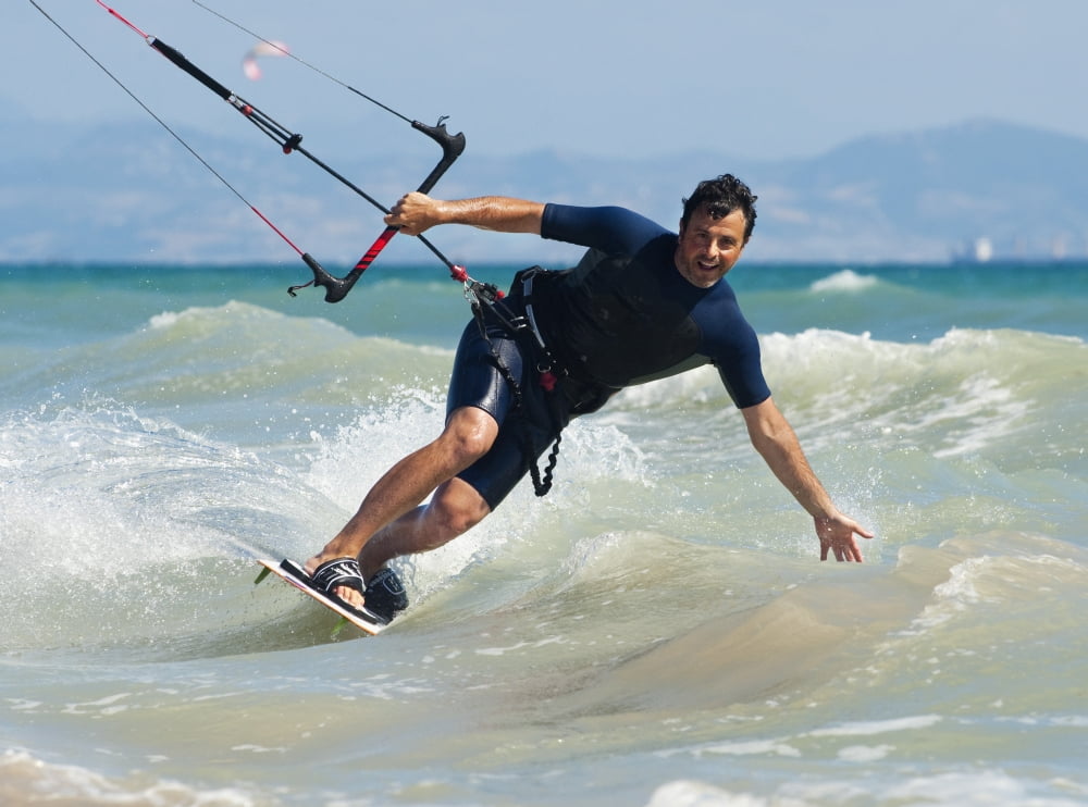 Kite Surfing In Front Of Hotel Dos Mares Tarifa Cadiz Andalusia Spain Canvas Art - Ben Welsh Design Pics (36 x 26)