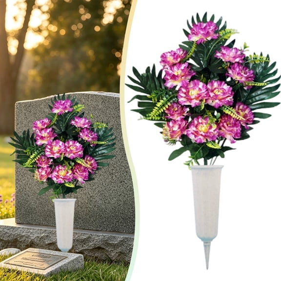 Kitecy Artificial Cemetery Flowers, Fake Chrysanthemum Bouquet Floral Arrangement Flowers Outdoor Graveyard Memorial Flower for Cemetery Vase Decoration, Purple
