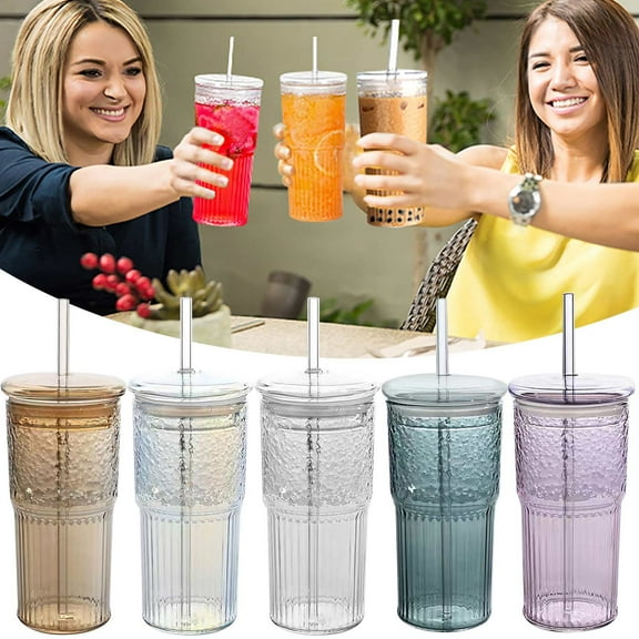 Kitecy Drinkware 20Oz Glass Tumbler Cup with Lid Straw Clear Iced Coffee Beverage Drinking Jar for Water Tea Cold Drinks 650Ml , Glass Cups Beverage Containers