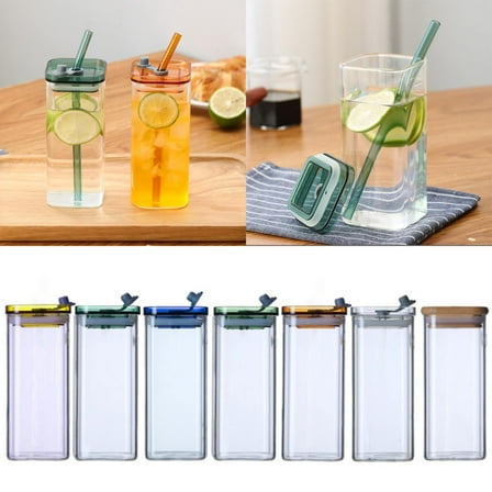 Kitecy Drinkware High Borosilicate Glass Tumbler with Lid Straw Square Mouth Heat Resistant for Coffee Juice Tea Drinkware , Borosilicate Glass Coffee Cups