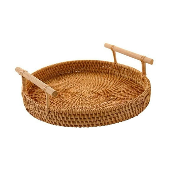 Kitecy Round Rattan Tray with Handles,Decorative Woven Wicker Serving Basket for Coffee Table, Breakfast, Cheese Board - Boho Home Decor,Gold
