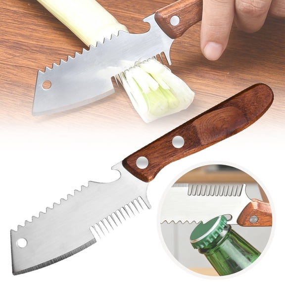 Kitecy Stainless Steel Shredding Knife Fish Scale Scraper & Bottle Opener Vegetable Julienne Knife with Wooden Handle, Multi Functional Scraper for Slicing Vegetables, Silver