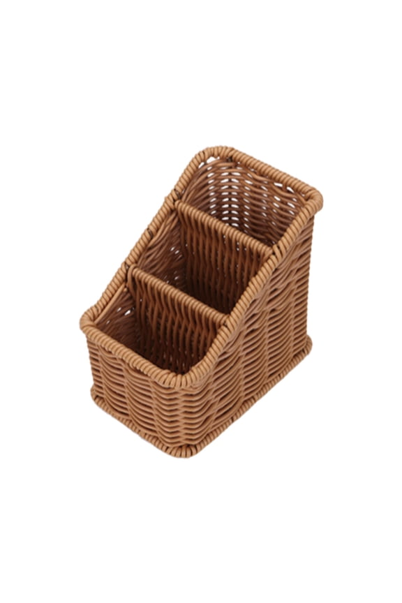 Woven Rattan Desk Organizer 3 Slot Organizer Countertop Basket Rattan Desk Storage Basket Small Item Storage Holder for Remotes Makeup Brushes And Pens, 1 Pack, Brown
