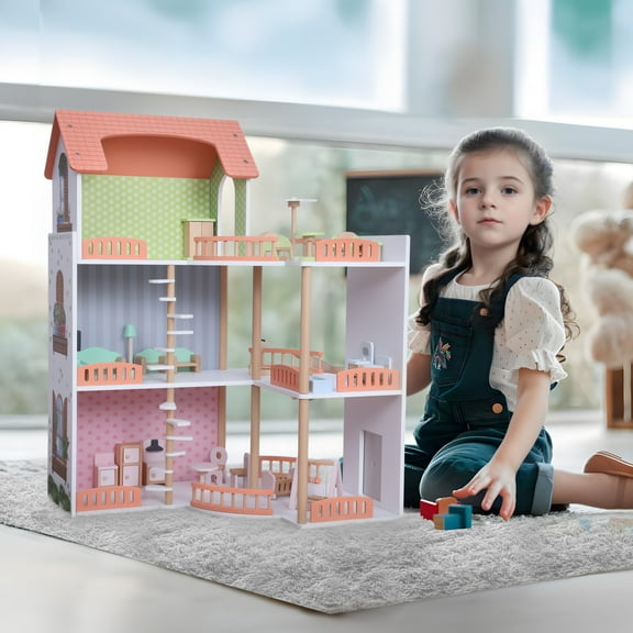 Kitem 3-Layer Doll House, Doll Villa Toys for Kids Ages 3-7 Rooms Indoor Toys, Pretend Plays Toy with Accessories and Furniture, Outdoor Play for Kids, Girls Toys Toys for 3-6