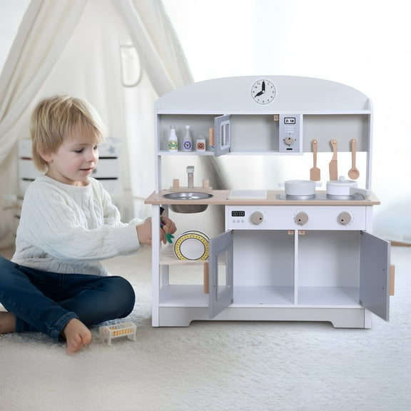 Kitem Children Simulated Cooking Toy Interactive Pretend Play Kitchen for Girls & Kids Wooden Kitchen Playset for Toddlers Kids Toys Kitchen with Cookware Accessories, Type A