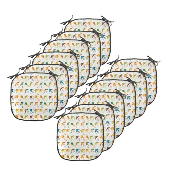 Kites Chair Seating Cushion Set of 12, Repetitive Pattern of Outdoor Activity Fun Times Print Minimal Design Art Print, Seat Pads for Office with Anti-slip Backing, 16"x16", Multicolor, by Ambesonne