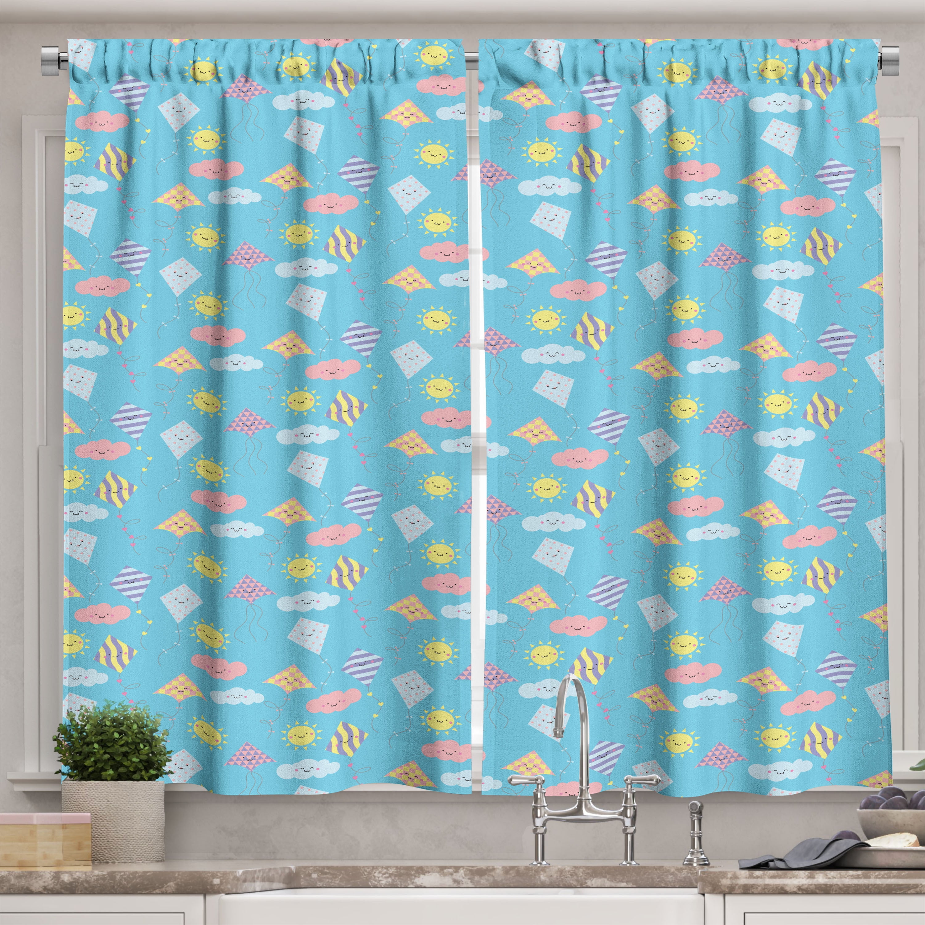 Kites Curtains 2 Panels Set, Pastel Colored Nursery Cartoon with Smiling Sun Clouds and Kites